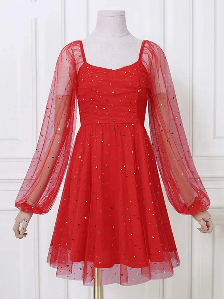 Elegant Red Sequined Party Dress with Sheer Sleeves Party Dresses