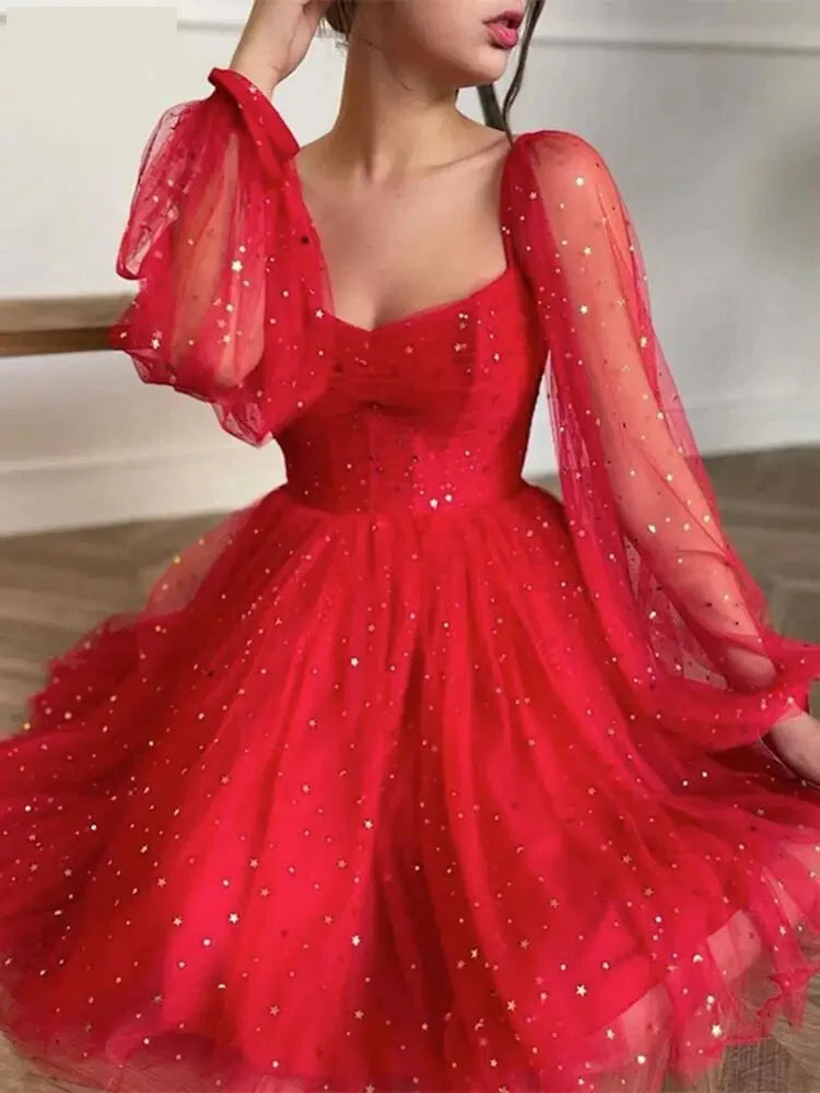 Starlit Red Mesh Sequined Party Dress for Festive Parties	