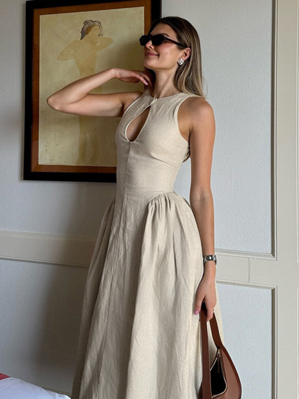 Casual Tea-Length Dress with Basque Waist Midi Dresses