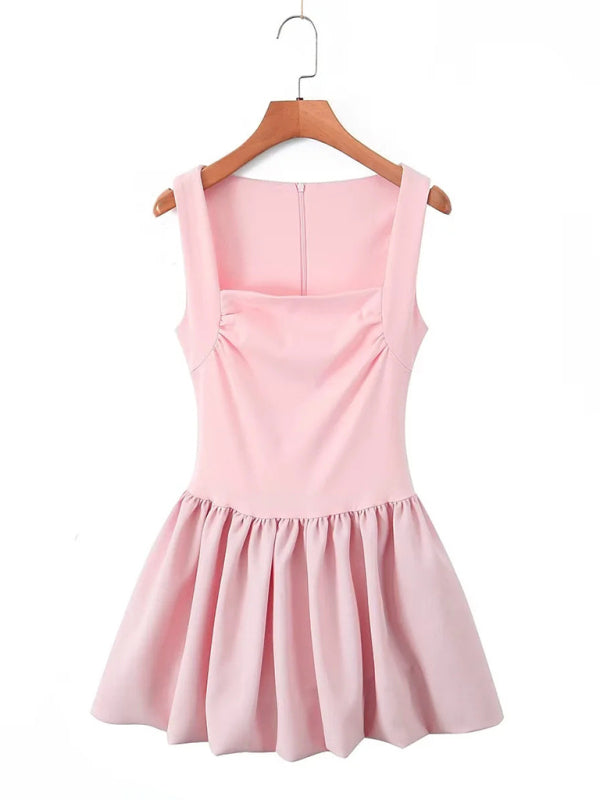 Pink Square Neck Fit-and-Flare Mini Dress Casual Dresses