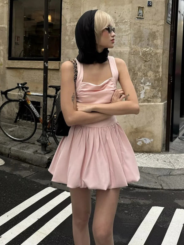 Pink Square Neck Fit-and-Flare Mini Dress Casual Dresses