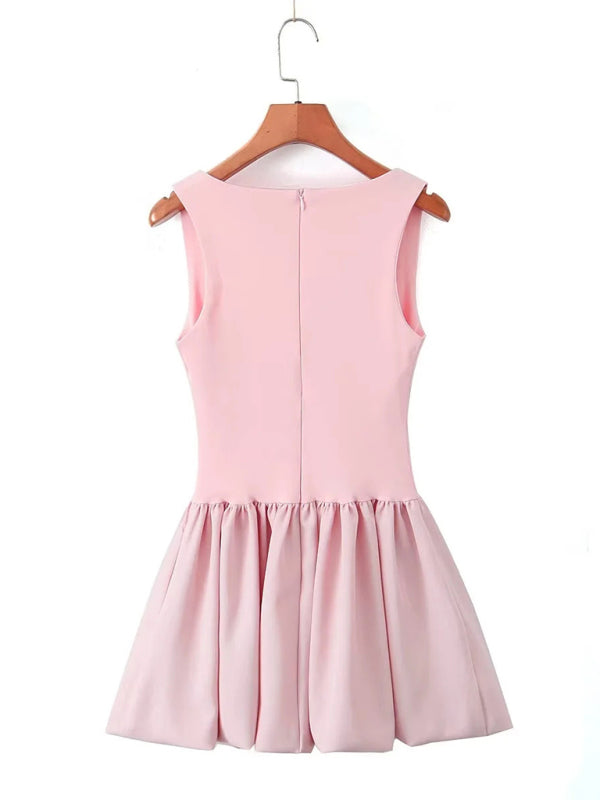 Pink Square Neck Fit-and-Flare Mini Dress Casual Dresses