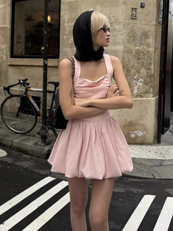 Pink Square Neck Fit-and-Flare Mini Dress Casual Dresses