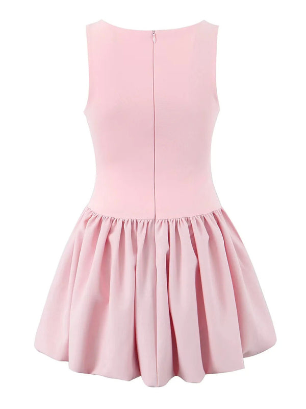 Pink Square Neck Fit-and-Flare Mini Dress Casual Dresses