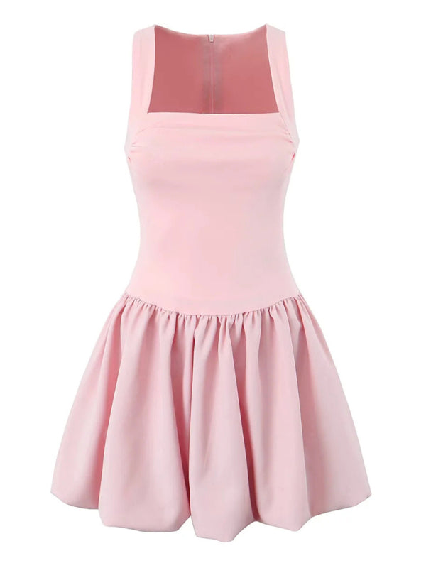 Pink Square Neck Fit-and-Flare Mini Dress Casual Dresses