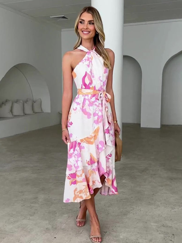 Floral Print Halter Midi Dress for Summer Cocktails Cocktail