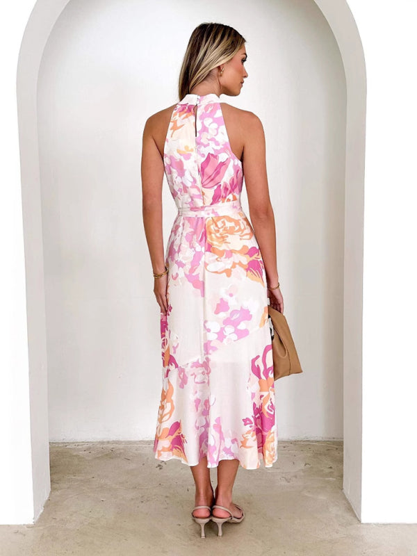 Floral Print Halter Midi Dress for Summer Cocktails Cocktail