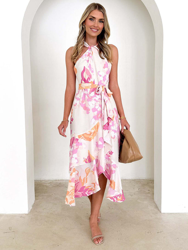 Floral Print Halter Midi Dress for Summer Cocktails Cocktail