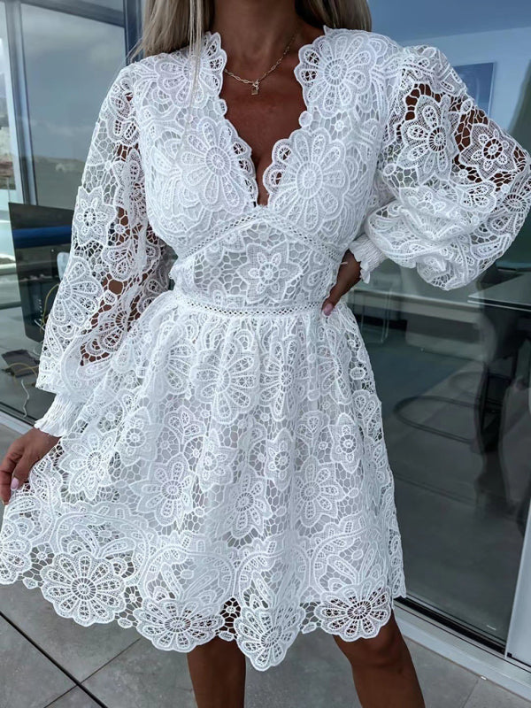 Lace Cocktail Dress with Lantern Sleeves A-Line Dresses