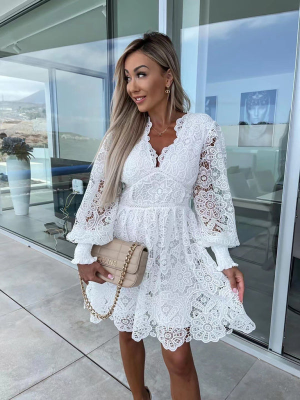 Lace Cocktail Dress with Lantern Sleeves A-Line Dresses