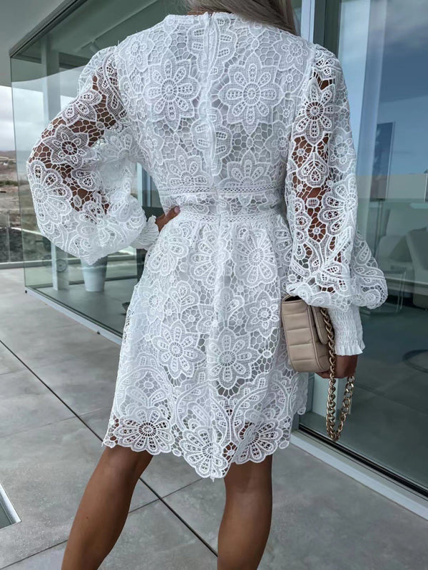 Lace Cocktail Dress with Lantern Sleeves A-Line Dresses