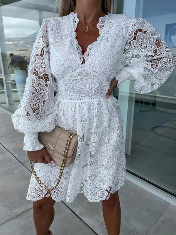 Lace Cocktail Dress with Lantern Sleeves A-Line Dresses