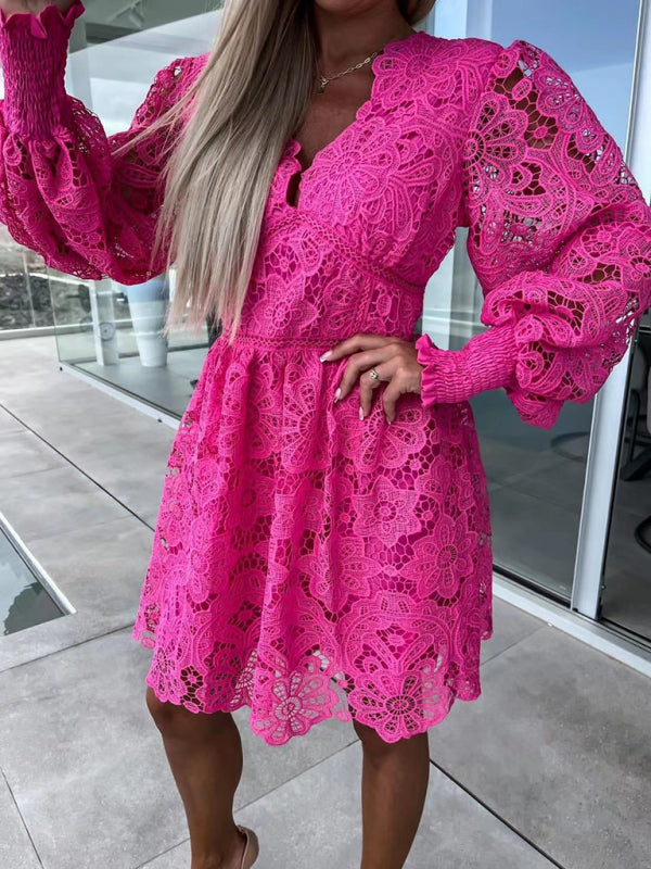 Lace Cocktail Dress with Lantern Sleeves A-Line Dresses