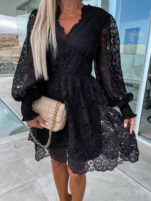 Lace Cocktail Dress with Lantern Sleeves A-Line Dresses