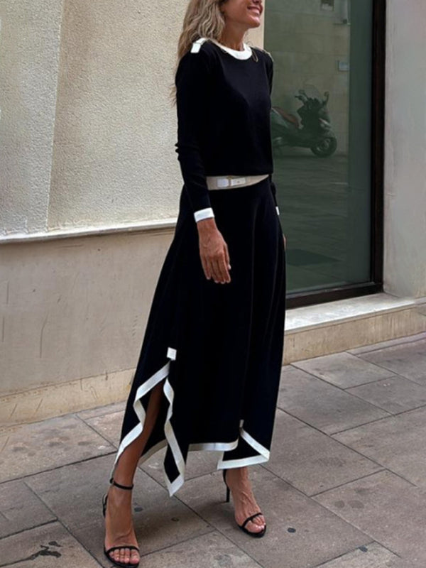 Long-Sleeve Top and Maxi Skirt Set with Contrast Piping Matching