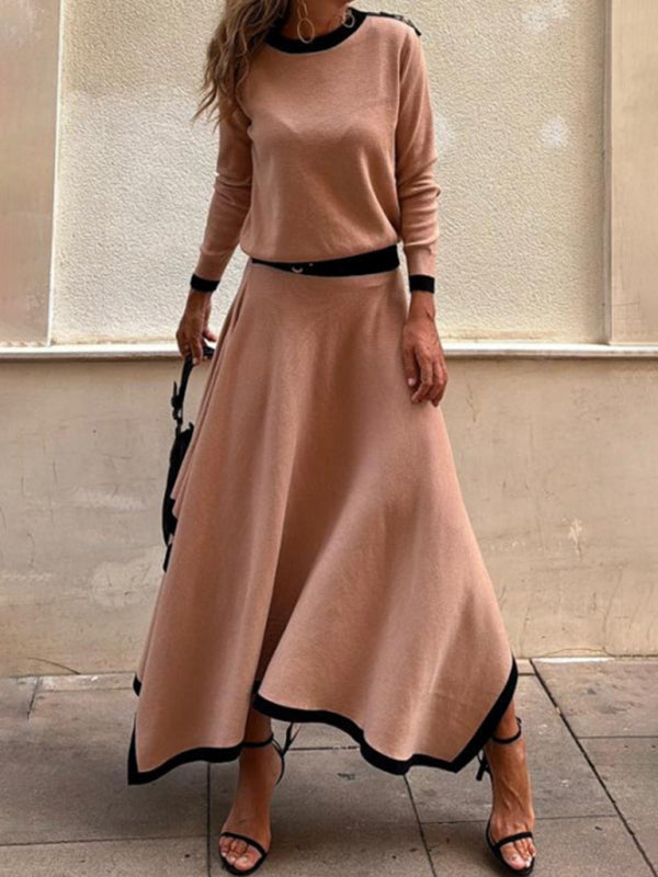 Long-Sleeve Top and Maxi Skirt Set with Contrast Piping Matching