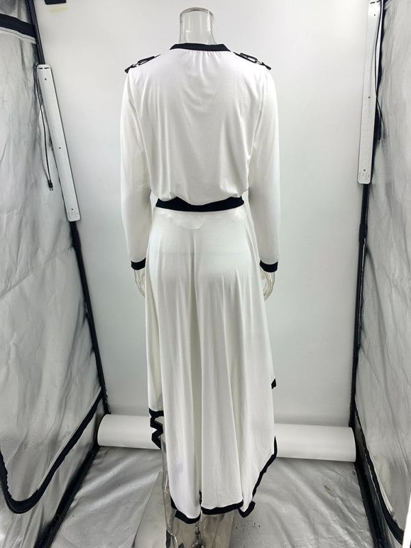 Long-Sleeve Top and Maxi Skirt Set with Contrast Piping Matching