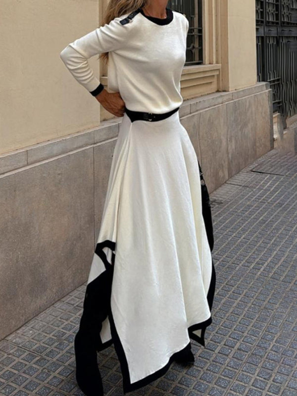 Long-Sleeve Top and Maxi Skirt Set with Contrast Piping Matching