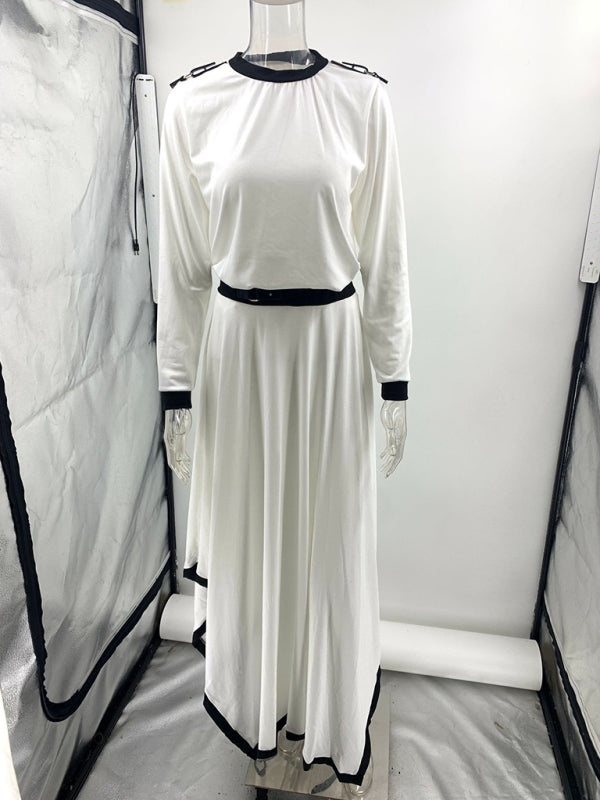 Long-Sleeve Top and Maxi Skirt Set with Contrast Piping Matching