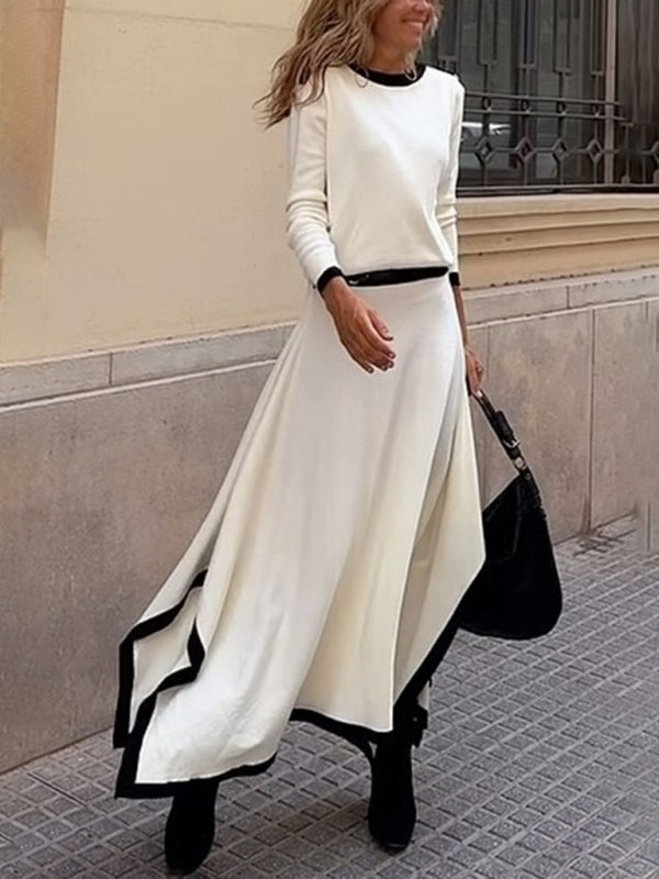 Long-Sleeve Top and Maxi Skirt Set with Contrast Piping Matching