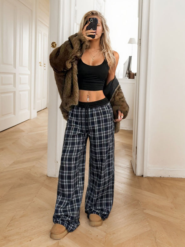 Casual Lounge Wide-Leg Pants in Plaid for Women Pants