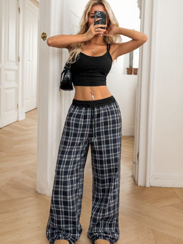 Casual Lounge Wide-Leg Pants in Plaid for Women Pants