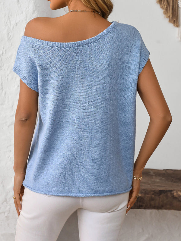 Asymmetric Boat Neck Blouse for Women in Knitting Knit Tops