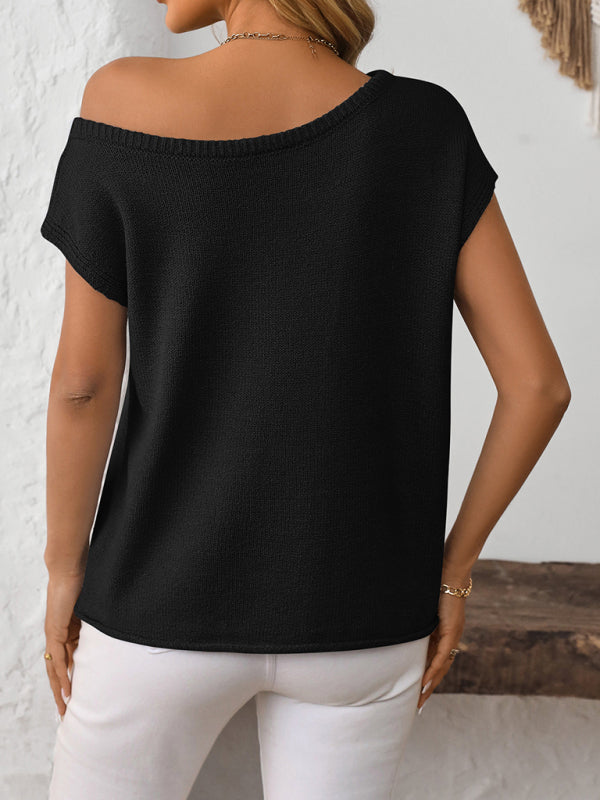 Asymmetric Boat Neck Blouse for Women in Knitting Knit Tops