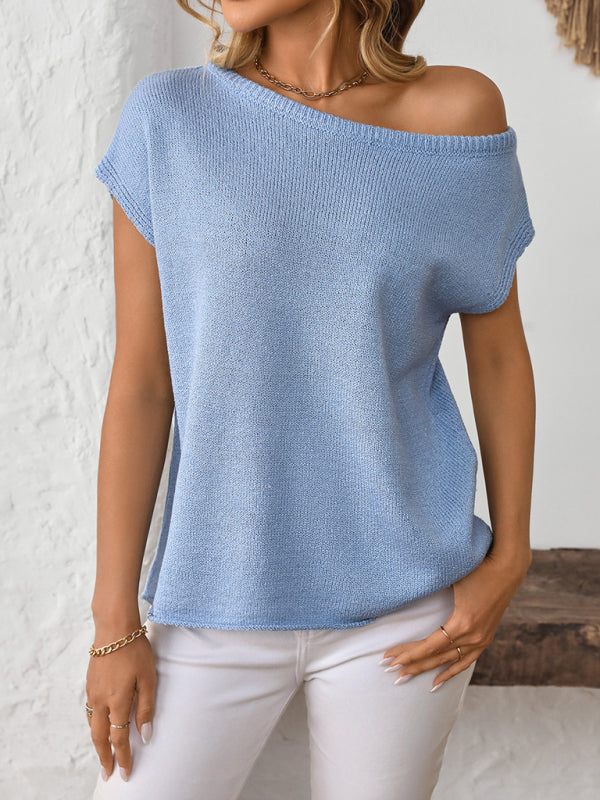 Asymmetric Boat Neck Blouse for Women in Knitting Knit Tops