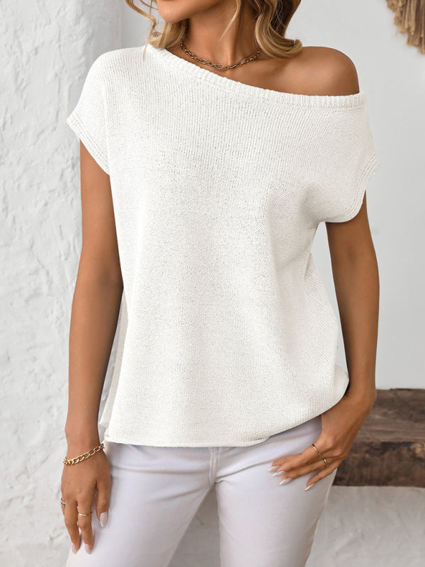 Asymmetric Boat Neck Blouse for Women in Knitting Knit Tops