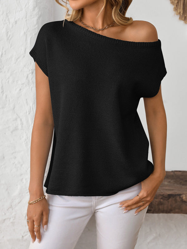 Asymmetric Boat Neck Blouse for Women in Knitting Knit Tops