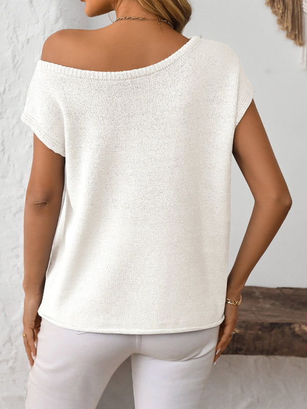 Asymmetric Boat Neck Blouse for Women in Knitting Knit Tops