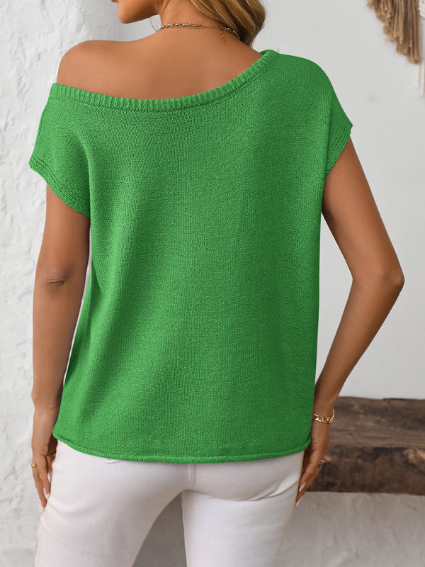 Asymmetric Boat Neck Blouse for Women in Knitting Knit Tops