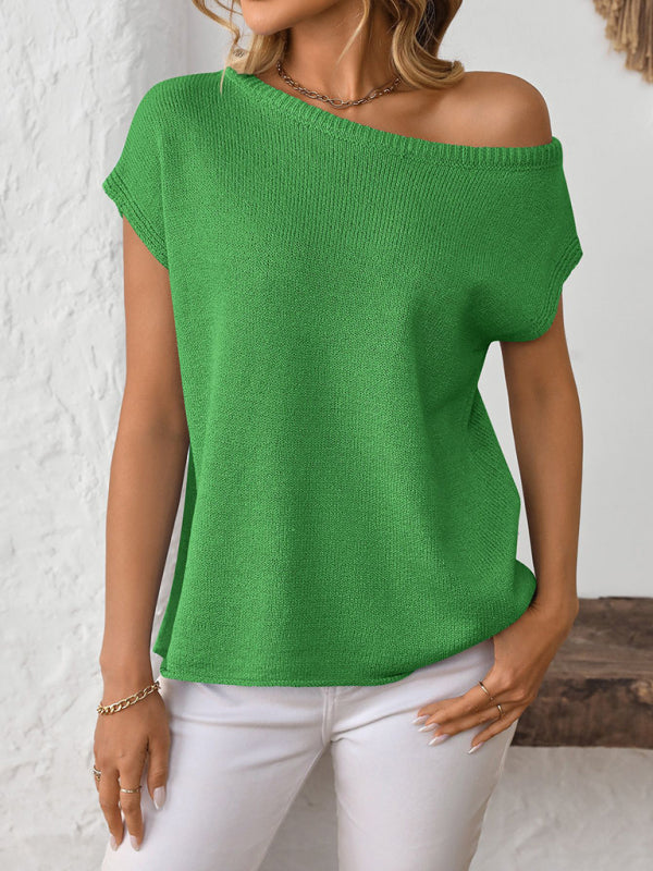 Asymmetric Boat Neck Blouse for Women in Knitting Knit Tops