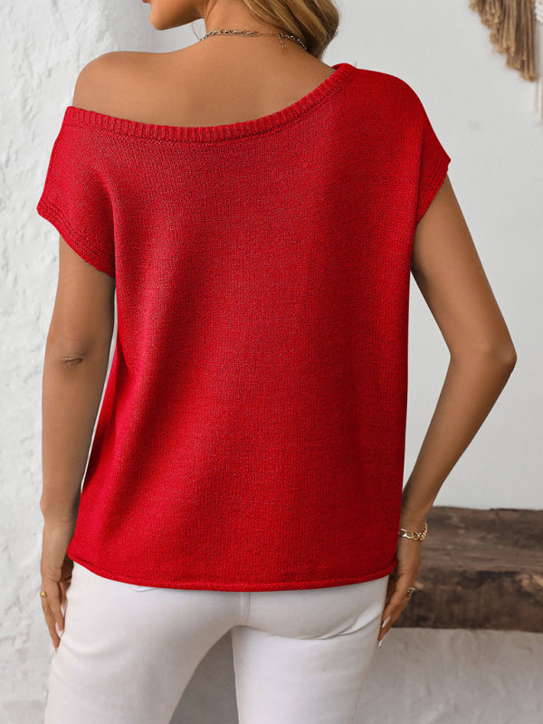 Asymmetric Boat Neck Blouse for Women in Knitting Knit Tops