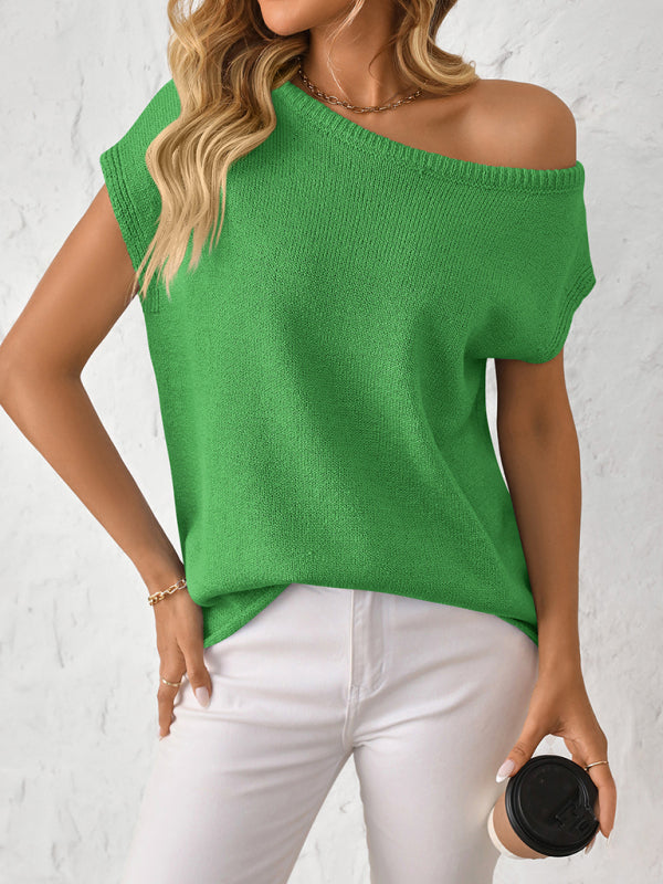 Asymmetric Boat Neck Blouse for Women in Knitting Knit Tops