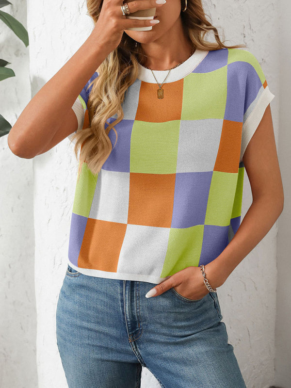 Checkerboard Knit Top for Women Knit Blouses