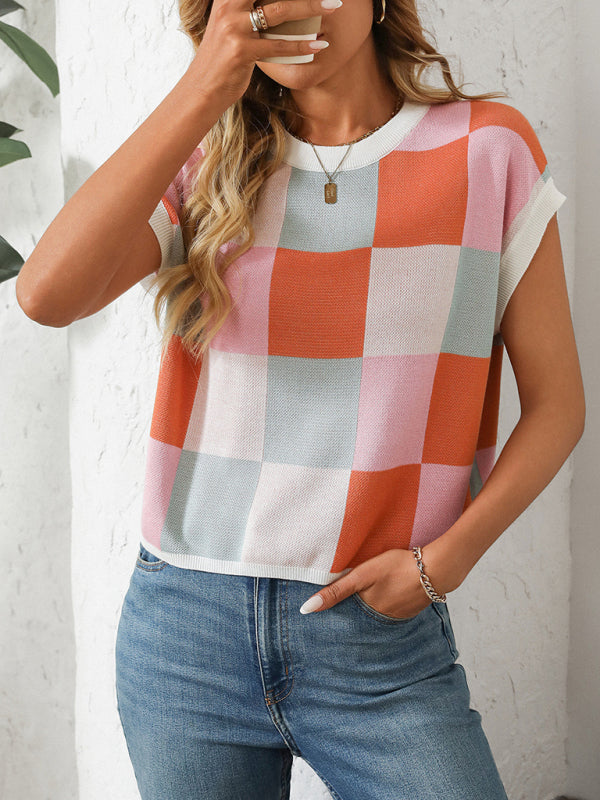 Checkerboard Knit Top for Women Knit Blouses