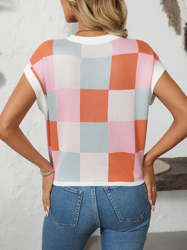 Checkerboard Knit Top for Women Knit Blouses