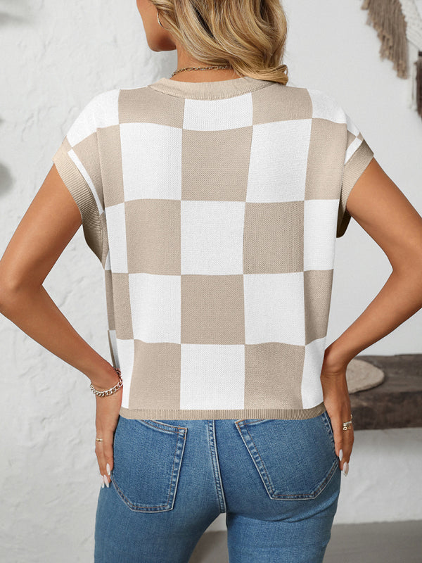 Checkerboard Knit Top for Women Knit Blouses