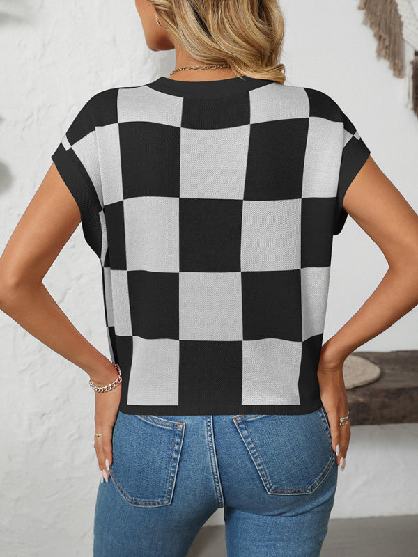 Checkerboard Knit Top for Women Knit Blouses