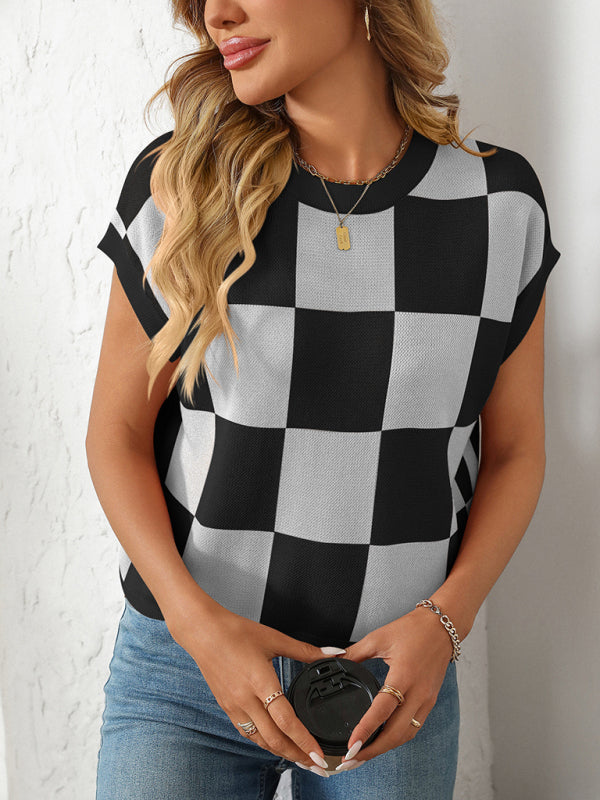 Checkerboard Knit Top for Women Knit Blouses