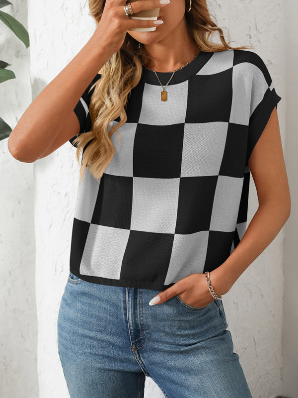 Checkerboard Knit Top for Women Knit Blouses