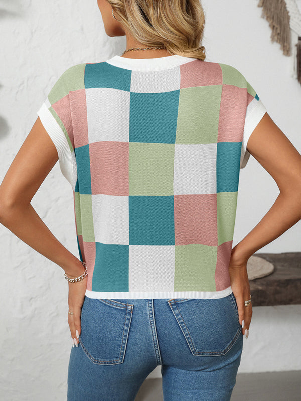 Checkerboard Knit Top for Women Knit Blouses