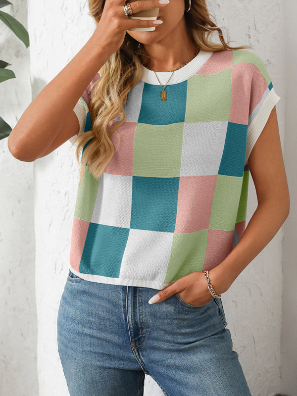 Checkerboard Knit Top for Women Knit Blouses