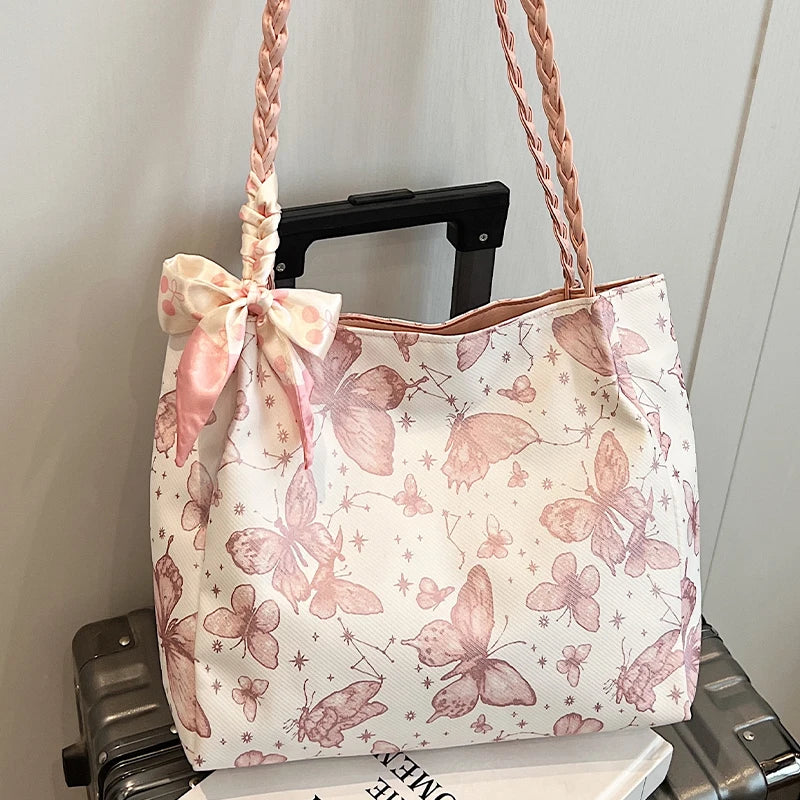 Romantic Floral Handbag with Braided Straps - Butterfly Purse