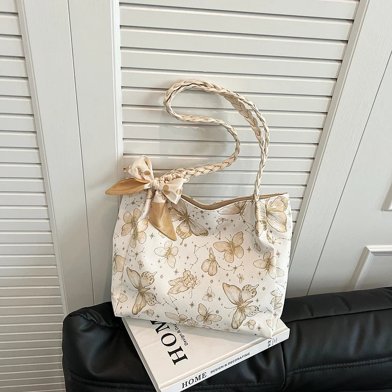 Romantic Floral Handbag with Braided Straps - Butterfly Purse