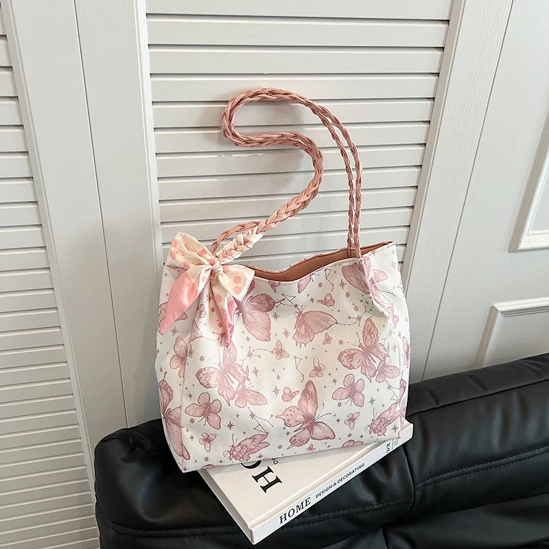 Romantic Floral Handbag with Braided Straps - Butterfly Purse