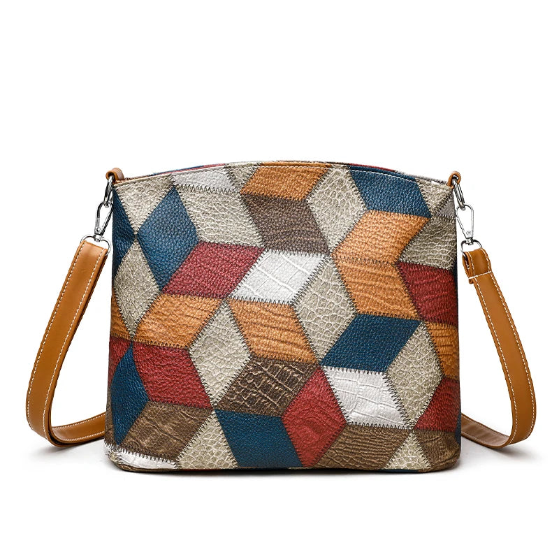 Everyday Patchwork Geo Crossbody Bag in Faux Leather HandBags