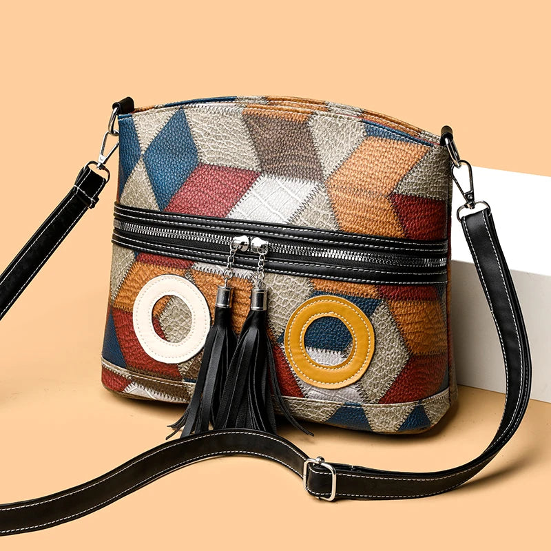 Everyday Patchwork Geo Crossbody Bag in Faux Leather HandBags